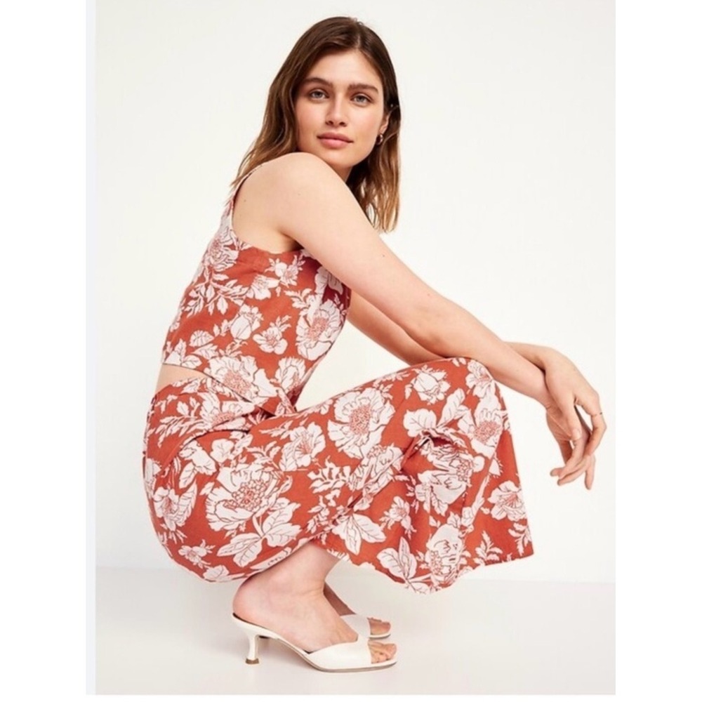 Old Navy Linen Blend Column Small Medium Orange Floral Tank Maxi Skirt Slit Set